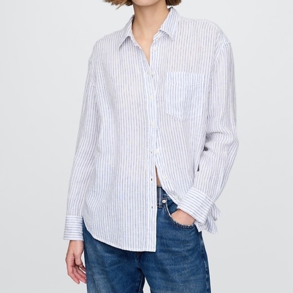 GAP Women's Blue Striped Relaxed Fit Linen Button Up Shirt, Size LP, NWT - Picture 1 of 13